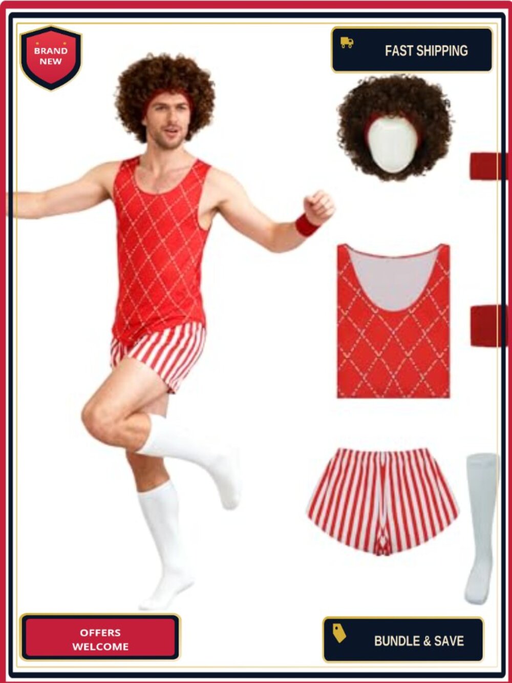 80s Fitness Instructor Costume Set Tank Shorts Wig Headband Wristbands